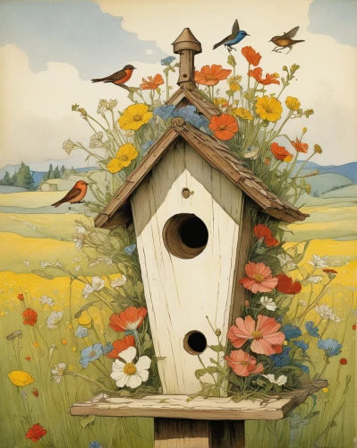 bird house,birdhouse,birdhouses,wooden birdhouse,bird home,bee house,nesting box,insect house,nest box,honey bee home,whimsical animals,fairy house,children's playhouse,fairy door,cuckoo clock,outhouse,bird feeder,bee hotel,bird kingdom,letter box,Illustration,Retro,Retro 19