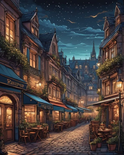 french digital background,paris cafe,medieval street,medieval town,night scene,hamelin,the cobbled streets,old town,montmartre,delft,old city,paris,bremen town musicians,spa town,paris shops,honfleur,fantasy city,parisian coffee,souk,hogwarts,Illustration,Realistic Fantasy,Realistic Fantasy 25