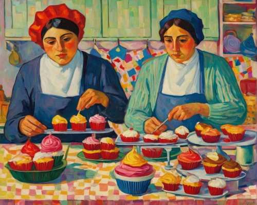 cupcakes,cup cakes,zeppole,muffins,sufganiyah,dolly mixture,neon cakes,cake shop,woman holding pie,woman with ice-cream,bakery,two girls,cakes,cream tea,kulich,women at cafe,baked goods,confectioner,cupcake pattern,baking,Art,Artistic Painting,Artistic Painting 36