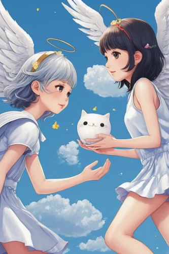 angels,pillow fight,angel and devil,little angels,angels of the apocalypse,playmat,angel’s tear,crying angel,doves of peace,angel lanterns,white butterflies,holding ipad,game illustration,flying heart,nyan,winged heart,airpods,christmas angels,butterfly white,fairies,Illustration,Japanese style,Japanese Style 09