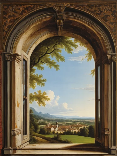 panoramic landscape,barberini,robert duncanson,certosa di pavia,the window,window with sea view,renaissance,home landscape,villa balbiano,villa cortine palace,piemonte,view panorama landscape,landscape,window view,decorative frame,window,open window,window to the world,the threshold of the house,florentine,Art,Classical Oil Painting,Classical Oil Painting 25