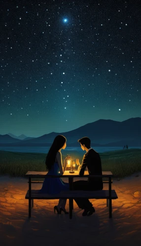 romantic dinner,romantic night,romantic scene,dinner for two,romantic meeting,the moon and the stars,stargazing,romantic,picnic table,candle light dinner,starry sky,date,astronomers,outdoor table,moon and star background,night stars,honeymoon,the stars,picnic,romantic portrait,Illustration,Abstract Fantasy,Abstract Fantasy 17