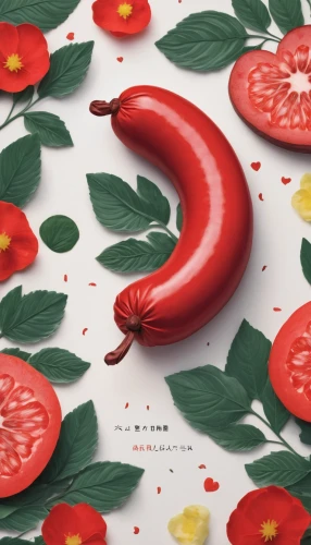 red chili pepper,fruit pattern,cooking book cover,chili pepper,red bell pepper,rose apple,italian sweet pepper,watermelon painting,food styling,red peppers,anthurium,red chili,red bell peppers,worm apple,edible fruit,red pepper,piquillo pepper,food collage,chinese sausage,watermelon pattern,Illustration,Japanese style,Japanese Style 09