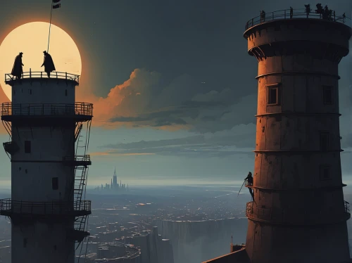 watertower,lighthouse,skycraper,industrial landscape,sci fiction illustration,above the city,watchtower,water tower,towers,futuristic landscape,smoke stacks,airships,cloud towers,world digital painting,urban towers,lookout tower,observatory,electric lighthouse,landmark,fantasy city,Conceptual Art,Sci-Fi,Sci-Fi 07