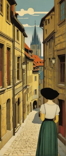 medieval street,toledo,travel poster,hamelin,la rioja,the cobbled streets,mikulov,bamberg,piemonte,street scene,girl in a historic way,sibiu,old city,woman with ice-cream,medieval town,toledo spain,tuscan,cluj,girl with bread-and-butter,transylvania,Illustration,Retro,Retro 15