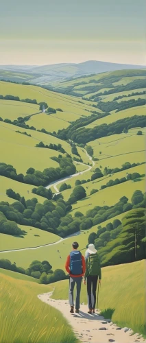 south downs,exmoor,hikers,hare trail,yorkshire,dorset,gower,north yorkshire moors,studio ghibli,green meadows,travel poster,green fields,cornwall,malham cove,travelers,peak district,robin hood's bay,north yorkshire,derbyshire,pilgrims,Conceptual Art,Oil color,Oil Color 13