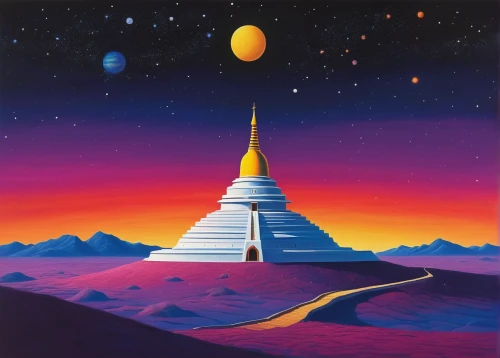 stupa,temples,laser buddha mountain,pyramids,somtum,step pyramid,pyramid,russian pyramid,vipassana,kharut pyramid,astral traveler,dune,earth rise,valley of the moon,scene cosmic,temple fade,tranquility base,futuristic landscape,sahara,dhammakaya pagoda,Art,Artistic Painting,Artistic Painting 26