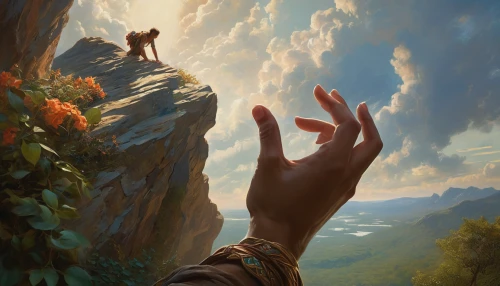 hand digital painting,fantasy picture,heroic fantasy,climbing hands,praying hands,fantasy art,arms outstretched,reach,reaching,world digital painting,the spirit of the mountains,reach out,giant hands,leap of faith,raise,hand of fatima,guards of the canyon,helping hands,offering,the hands embrace,Conceptual Art,Fantasy,Fantasy 05