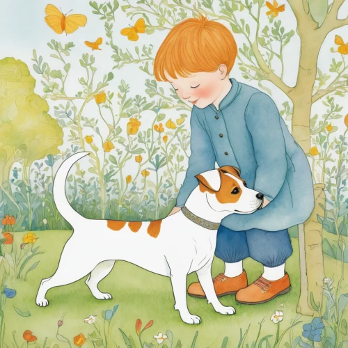 boy and dog,dog illustration,kate greenaway,girl with dog,the dog a hug,book illustration,red tabby,jack russel,dog and cat,english foxhound,puppy pet,a collection of short stories for children,jack russell,bruno jura hound,children's fairy tale,companion dog,pet,bluebell,peter rabbit,little fox,Illustration,Retro,Retro 23