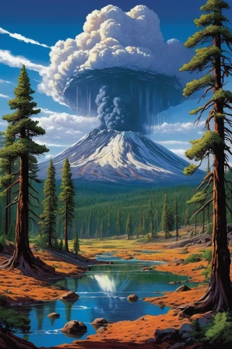 stratovolcano,mushroom landscape,volcano,mushroom island,volcanic landscape,cloud mountain,volcanos,mushroom cloud,mountain landscape,koryaksky volcano,mountain scene,volcanism,landscape background,fantasy landscape,giant mountains,calbuco volcano,crater lake,volcanic lake,volcanic field,eruption,Conceptual Art,Sci-Fi,Sci-Fi 20