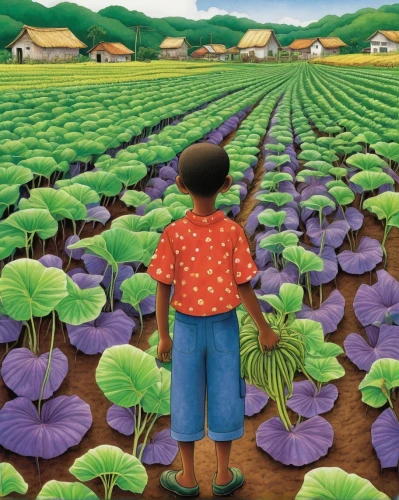 vegetable field,sweet potato farming,field cultivation,yamada's rice fields,farming,picking vegetables in early spring,vegetables landscape,potato field,cultivated field,agricultural,agriculture,agroculture,cultivation,farmer,farmworker,cabbage leaves,chinese cabbage young,cereal cultivation,arrowroot family,pesticide,Illustration,Children,Children 03