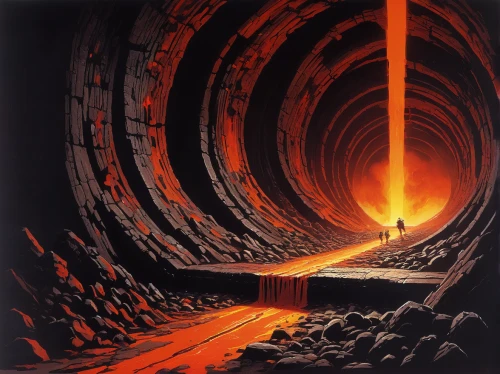lava tube,door to hell,lava cave,coil,underground cables,metallurgy,hollow way,molten,molten metal,iron pipe,descend,burning earth,lava,steel pipe,pillar of fire,wall tunnel,descent,ring of fire,wormhole,magma,Conceptual Art,Sci-Fi,Sci-Fi 08