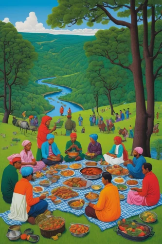 picnic,khokhloma painting,family picnic,round table,paella,placemat,food table,picnic boat,colomba di pasqua,frutti di bosco,villagers,gnomes at table,traditional food,indian festival,indigenous painting,picnic basket,island group,leittafel,tea party,village festival,Conceptual Art,Daily,Daily 29