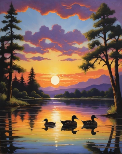 waterfowls,waterfowl,evening lake,bird painting,oil painting on canvas,wild ducks,duck on the water,ducks,canada geese,water fowl,mallards,geese,oil painting,oil on canvas,art painting,water birds,american black duck,painting technique,ducks  geese and swans,swans,Art,Classical Oil Painting,Classical Oil Painting 11