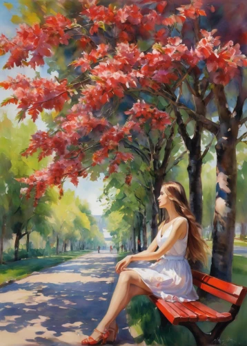 red bench,girl with tree,park bench,girl lying on the grass,oil painting,photo painting,spring morning,relaxed young girl,art painting,girl in flowers,woman sitting,girl sitting,outdoor bench,oil painting on canvas,springtime background,woman playing,world digital painting,girl in a long,cherry trees,cherry tree,Illustration,Paper based,Paper Based 11