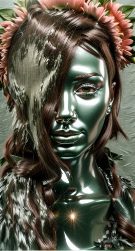 dryad,girl in a wreath,image manipulation,gradient mesh,laurel wreath,tears bronze,green skin,artificial hair integrations,decorative figure,bjork,image editing,render,elven flower,crown render,digital compositing,faery,flowers png,water nymph,retouch,faun