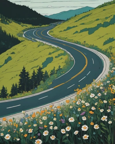 hairpins,open road,the valley of flowers,mountain road,blooming field,mountain highway,flower field,wildflowers,field of flowers,the road,road,roads,meadow in pastel,winding roads,roadside,alpine drive,highway,winding road,meadow rues,long road,Illustration,Black and White,Black and White 12
