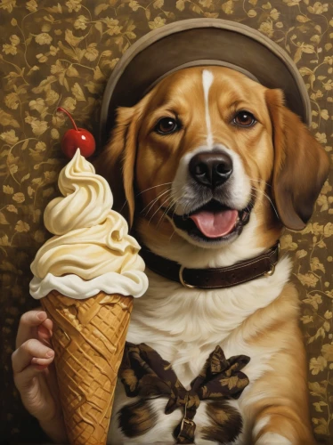 ice cream cone,dog illustration,sundae,ice cream,icecream,pet portrait,ice-cream,ice creams,soft serve ice creams,sundaes,ice cream cones,cheerful dog,ice cream van,sweet ice cream,dog drawing,oil painting on canvas,ice cream shop,dog cafe,woman with ice-cream,oil painting,Illustration,Realistic Fantasy,Realistic Fantasy 09