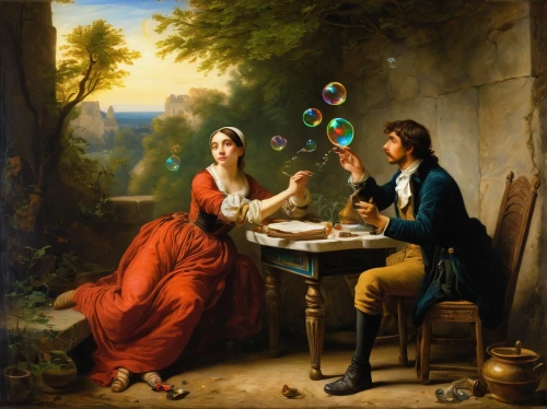 bougereau,young couple,courtship,romantic scene,ball fortune tellers,woman holding pie,soap bubble,romantic portrait,soap bubbles,the flute,glass painting,franz winterhalter,apéritif,woman with ice-cream,romantic dinner,meticulous painting,candlemaker,bubble blower,crystal ball,drinking party,Art,Classical Oil Painting,Classical Oil Painting 08