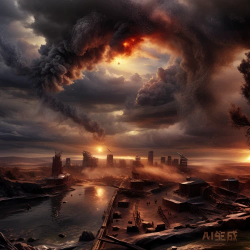 apocalyptic,doomsday,post-apocalyptic landscape,armageddon,end of the world,nuclear explosion,the end of the world,apocalypse,post-apocalypse,post apocalyptic,nuclear war,atomic bomb,environmental destruction,nuclear bomb,destroyed city,scorched earth,nuclear weapons,photo manipulation,burning earth,atomic age