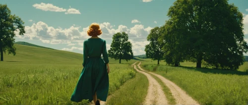 woman walking,girl walking away,sound of music,girl in a long dress,green meadow,green landscape,girl with tree,green fields,girl in a long dress from the back,green summer,the path,landscape background,pathway,green forest,meadow rues,meadow,green background,walk in a park,walk,long road,Photography,Documentary Photography,Documentary Photography 06