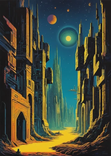 valerian,compans-cafarelli,alien planet,moon valley,gas planet,metropolis,fantasy city,ancient city,dune,karnak,futuristic landscape,sci fiction illustration,volterra,fire planet,city in flames,dune 45,planet alien sky,planet mars,riad,night scene,Conceptual Art,Sci-Fi,Sci-Fi 18