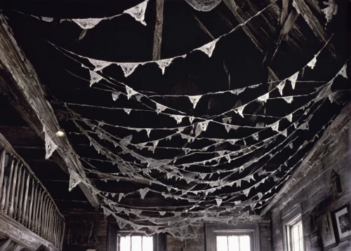 pennant garland,attic,dandelion hall,star bunting,wooden beams,garlands,bunting,easter bunting,quilt barn,paper chain,asylum,trerice in cornwall,abandoned room,the old roof,masking tape,abandoned places,mood cobwebs,derelict,heart bunting,empty interior,Photography,Black and white photography,Black and White Photography 10