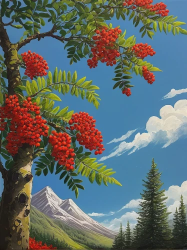 mountain ash berries,rowan berries,rowan-tree,chestnut tree with red flowers,red berries,rowan tree,spruce-fir forest,mountain ash,mountain scene,bunches of rowan,oregon cherry,khokhloma painting,mountain alder,rowanberry,temperate coniferous forest,evergreen trees,landscape red,black rowan,rowanberries,coniferous forest,Illustration,Paper based,Paper Based 15