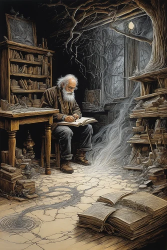 jrr tolkien,sci fiction illustration,reading magnifying glass,book illustration,scholar,geppetto,bookworm,magic book,the wizard,fantasy picture,potter's wheel,the collector,apothecary,reading owl,crooked forest,bookshop,clockmaker,fantasy art,writing-book,books,Conceptual Art,Daily,Daily 09