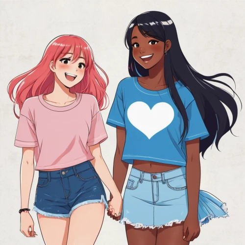 girlfriends,summer clothing,holding hands,cute clothes,smiley girls,two girls,hold hands,jean shorts,red and blue,hand in hand,shirts,luv is luv,coral bells,hiyayakko,hands holding,painted hearts,fashionable clothes,pride parade,teens,sweethearts,Illustration,Japanese style,Japanese Style 06