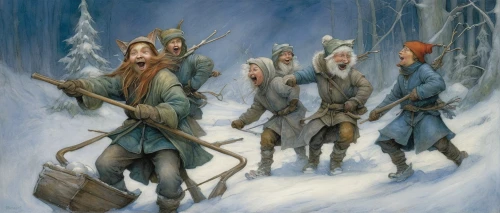 elves,hanging elves,nordic christmas,elves flight,the pied piper of hamelin,dwarves,northrend,pilgrims,father frost,vikings,carol singers,carolers,glory of the snow,dwarfs,druids,nördlinger ries,snow scene,elf,dwarf sundheim,forest workers,Illustration,Realistic Fantasy,Realistic Fantasy 14