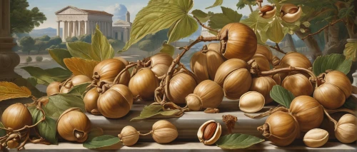 acorns,colomba di pasqua,cornucopia,hazelnuts,almond nuts,chestnut fruits,vegetables landscape,barberini,almond trees,italian nuts,indian almond,gourds,cocoa beans,prussian asparagus,ripe bananas,chestnut pods,chestnuts,the leaves of chestnut,vigna radiata,pistachio nuts,Art,Classical Oil Painting,Classical Oil Painting 02