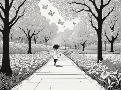 chasing butterflies,white butterflies,little girl in wind,butterflies,falling flowers,a collection of short stories for children,walk in a park,hare trail,little girls walking,moths and butterflies,little girl running,girl walking away,takato cherry blossoms,scattered flowers,snowdrops,the cherry blossoms,paper boat,flying dandelions,child in park,book illustration,Illustration,Black and White,Black and White 19