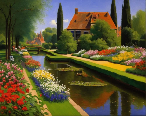 dutch landscape,holland,home landscape,the netherlands,netherlands,cottage garden,flower garden,tulip festival,english garden,splendor of flowers,flower painting,river landscape,green landscape,moated,canals,north holland,springtime background,gardens,moated castle,polder,Art,Classical Oil Painting,Classical Oil Painting 07