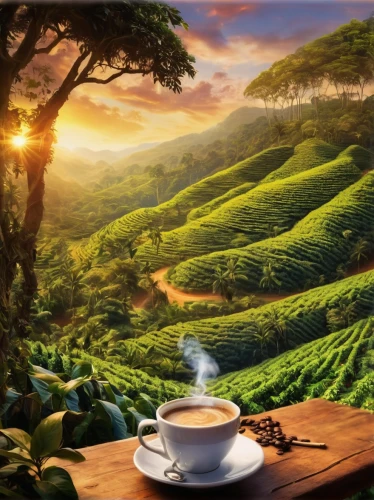 tea field,tea plantations,tea plantation,tea garden,ceylon tea,darjeeling,heart tea plantation,darjeeling tea,coffee plantation,moc chau tea hills,tea zen,tea plant,landscape background,coffee background,assam tea,arabica,coffee tea illustration,maojian tea,dianhong tea,kopi luwak,Illustration,Realistic Fantasy,Realistic Fantasy 37