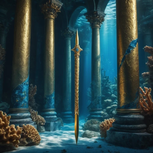 underwater background,underwater landscape,pillars,ocean underwater,underwater oasis,undersea,underwater world,under the sea,god of the sea,atlantis,ocean floor,hall of the fallen,under sea,fantasy picture,mermaid background,submerged,scepter,fantasy art,pillar,poseidon,Photography,General,Fantasy