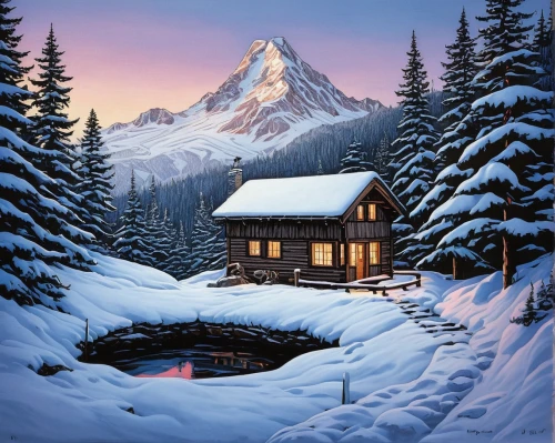 christmas landscape,snow landscape,mountain hut,winter landscape,snowy landscape,house in mountains,mountain huts,winter house,the cabin in the mountains,snow scene,house in the mountains,mount hood,snow mountain,mountain scene,snow house,snowy mountains,winter background,home landscape,alpine hut,snowy peaks,Illustration,Black and White,Black and White 15