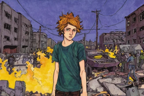 sakana,the pollution,pollution,torch-bearer,exploding head,apocalyptic,a pedestrian,rubble,2d,pedestrian,apocalypse,destroyed city,fire pearl,explode,shirakami-sanchi,trash land,book cover,burning torch,explosions,post apocalyptic,Illustration,Paper based,Paper Based 06