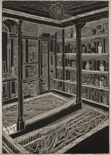 apothecary,china cabinet,pantry,bookshelves,dark cabinetry,cabinetry,bookcase,shelves,bookshop,frame drawing,reading room,pharmacy,shelving,parlour,celsus library,cabinets,armoire,empty shelf,bookshelf,bookselling,Art,Artistic Painting,Artistic Painting 50