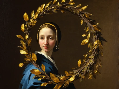 golden wreath,girl in a wreath,girl with a pearl earring,laurel wreath,portrait of a girl,portrait of a woman,decorative frame,wreath of flowers,baroque angel,mary-gold,floral wreath,the angel with the veronica veil,portrait of christi,harp with flowers,floral ornament,holly wreath,door wreath,cepora judith,floral frame,rose wreath,Art,Classical Oil Painting,Classical Oil Painting 07