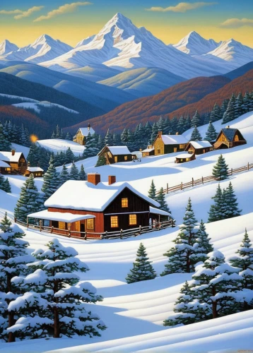 christmas landscape,snow landscape,winter landscape,mountain huts,snowy landscape,snow scene,winter village,christmas snowy background,alpine village,snowy mountains,winter background,mountain village,home landscape,mountain hut,snow house,house in mountains,ski resort,mountain scene,winter house,alpine pastures,Conceptual Art,Daily,Daily 33