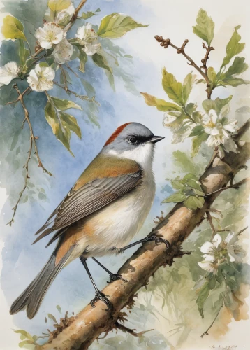 chestnut sided warbler,chestnut-backed chickadee,eurasian blackcap,spring bird,sterna hirundo,song bird,rufous,bird painting,flower and bird illustration,blackcap,white-crowned,chestnut-backed,fringilla coelebs,shrike,red eyed vireo,chickadee,chestnut sparrow,european pied flycatcher,lesser swamp warbler,bird illustration,Art,Classical Oil Painting,Classical Oil Painting 09