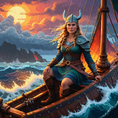 fantasy picture,viking,god of the sea,fantasy portrait,vikings,girl on the boat,fjord,celtic queen,cg artwork,fantasy art,viking ship,wind warrior,raftsundet,poseidon,the sea maid,at sea,sea fantasy,sea god,rusalka,catarina,Photography,General,Natural