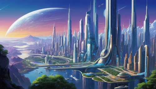 futuristic landscape,fantasy landscape,fantasy city,alien world,fantasy world,terraforming,alien planet,valerian,futuristic architecture,utopian,aurora village,scifi,sci - fi,sci-fi,federation,sci fi,ancient city,sci fiction illustration,dream world,futuristic,Illustration,Retro,Retro 02