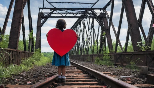 red and blue heart on railway,red heart on railway,glowing red heart on railway,love bridge,red cape,heart medallion on railway,river of life project,heart in hand,digital compositing,girl walking away,freedom from the heart,woman walking,the girl at the station,conceptual photography,railroad bridge,red heart medallion in hand,red tunic,the heart of,trestle,photo manipulation,Illustration,American Style,American Style 11