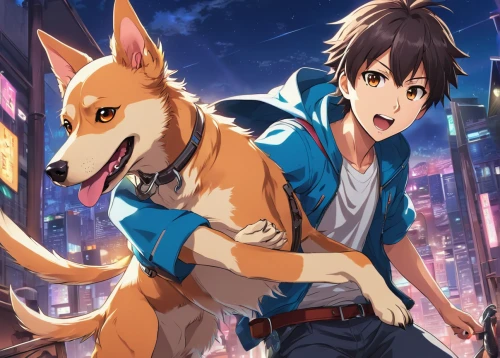 boy and dog,howl,stray dogs,anime cartoon,color dogs,canine,retriever,nikko,playing dogs,two dogs,stray dog,hunting dogs,dog street,strays,canines,canidae,doberman,raging dogs,kado,anime 3d,Illustration,Japanese style,Japanese Style 03