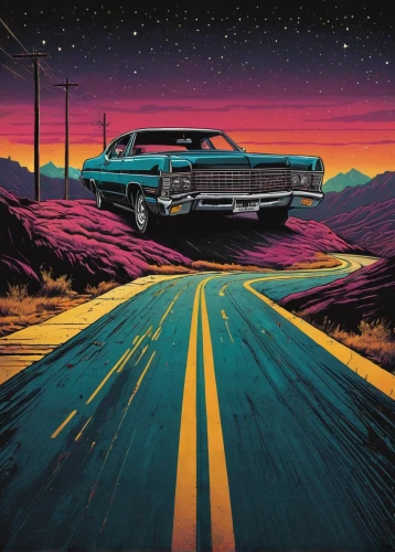 night highway,cadillac eldorado,ford galaxie,chevrolet impala,highway,badlands,station wagon-station wagon,bobby-car,impala,long road,open road,the road,cadillac,cadillac de ville series,street canyon,roads,roadrunner,chevrolet el camino,empty road,dodge monaco,Illustration,American Style,American Style 10