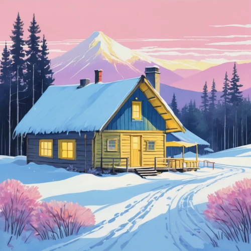 log cabin,the cabin in the mountains,winter house,log home,snow house,mountain huts,lonely house,small cabin,summer cottage,mountain hut,house in mountains,cottage,little house,house in the mountains,house painting,salt meadow landscape,home landscape,straw hut,mount hood,houses clipart,Illustration,American Style,American Style 03