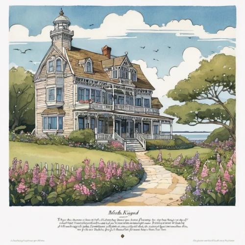 martha's vineyard,marthas vineyard,house of the sea,travel poster,new england style house,flock house,maine,block island,fisherman's house,kennebunkport,house by the water,cape cod,summer cottage,seaside country,house drawing,house painting,ferry house,hitchcock,studio ghibli,villa,Illustration,Children,Children 04