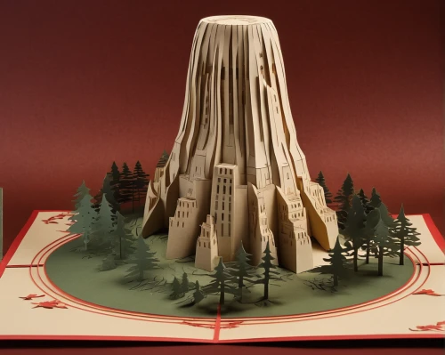 scale model,cardstock tree,shield volcano,basil's cathedral,devil's tower,diorama,trees with stitching,stalagmite,fairy chimney,baked alaska,vertical chess,stratovolcano,mushroom landscape,wooden mockup,spruce needle,tepee,electric tower,paper art,cake stand,volcano,Unique,Paper Cuts,Paper Cuts 03